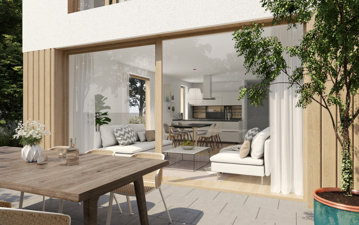 190614 RhombergBau Terrasse Innen mit Tisch und Wohnzimmer im Hintergrund 190614 RhombergBau Terrasse Innen mit Tisch und Wohnzimmer im Hintergrund