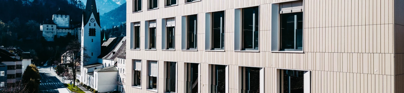 Modernes Gebäude mit gestreifter Fassade und Fensterreihen in Feldkirch, mit Kirche und Bergen im Hintergrund (Bärenhaus).