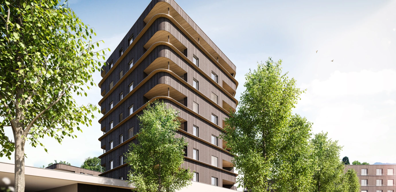 Hoch hinaus mit Holz: Für Bauherr Raiba errichtet Rhomberg Bau im Lustenauer Rheindorf auf acht Stockwerken „erstmals einen Holzbau dieser Größe unter wirtschaftlichen Bedingungen“.