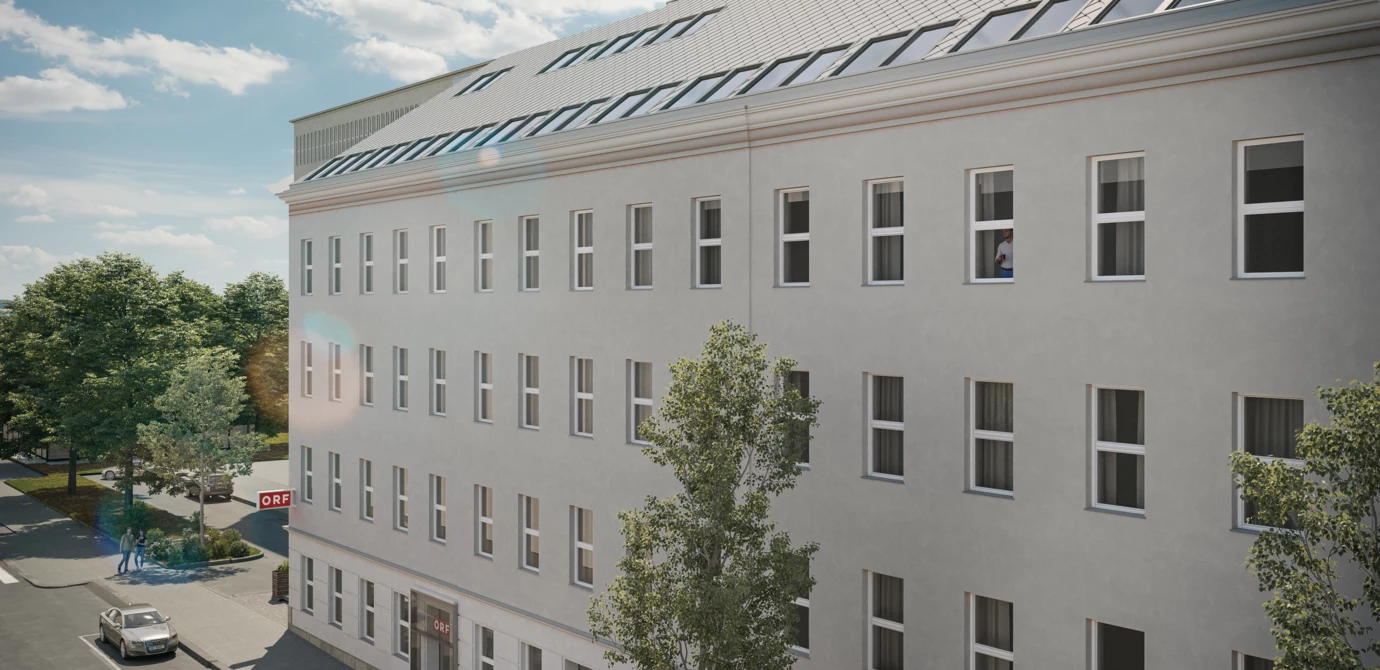 210401 RhombergBau Funkhaus Aussen Strasse 02 mit Autos und Himmel