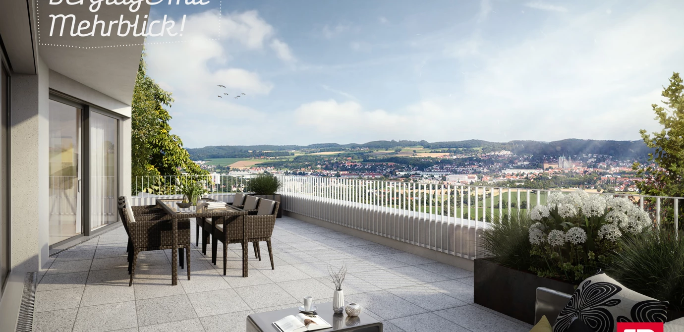 Hubertusblick_mit Logo_Terrasse mit Aussicht