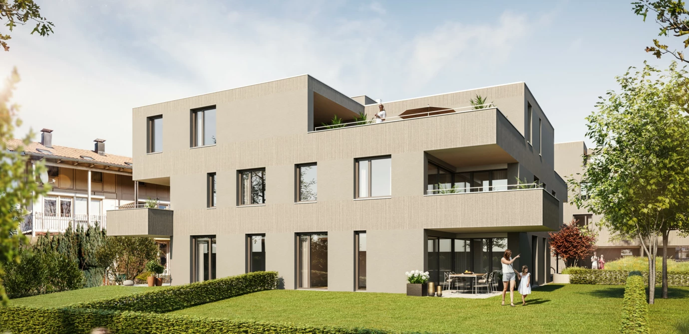 Wuhrbaumweg Aussenansicht mit Kind und Garten