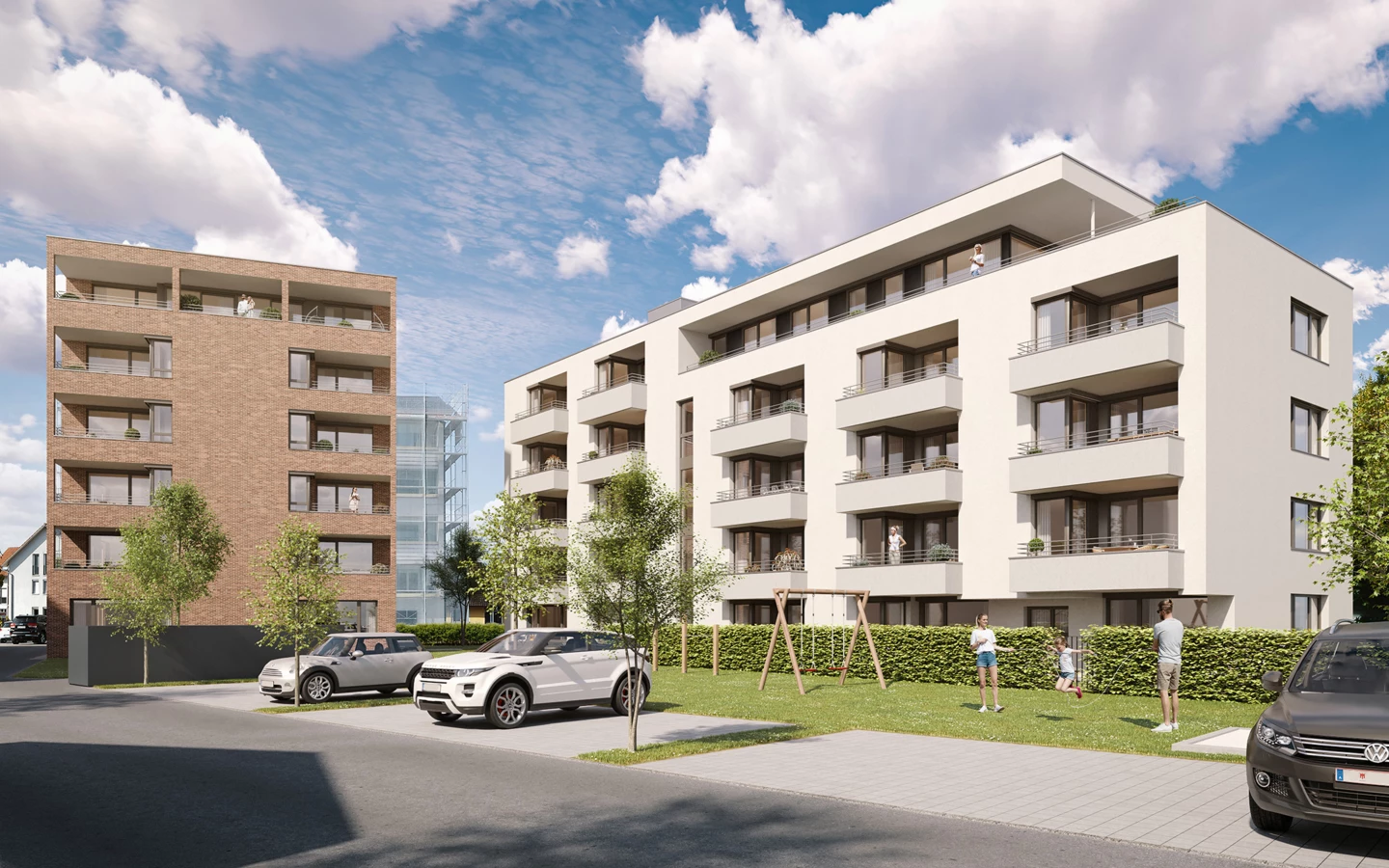 Der Blick in die Zukunft: Ab Herbst 2025 wird das Gebäudeensemble so, wie in der Visualisierung dargestellt, die Dornbirner Hatlerstraße bereichern. Bildnachweis: Rhomberg Bau