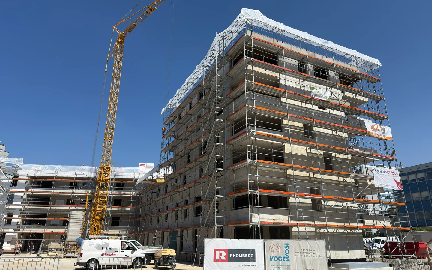 Wird zukünftig 78 Mietparteien leistbares Wohnen in Bregenz ermöglichen: die neue Wohnanlage von VOGEWOSI und Generalunternehmen Rhomberg Bau in der Holzackergasse. Bildquelle: Rhomberg Bau
