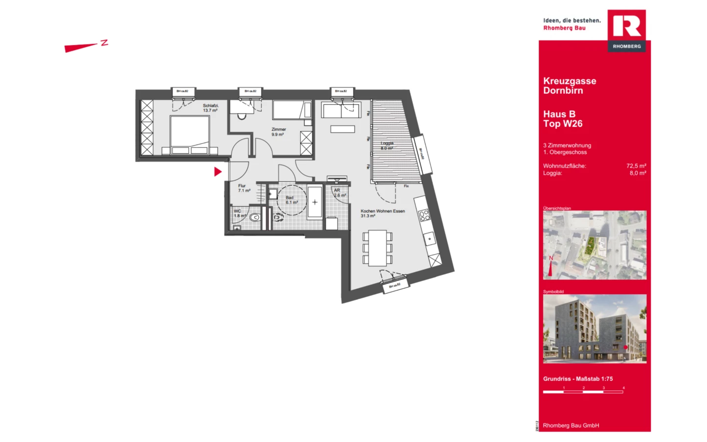 Top W26: Die 3-Zimmerwohnung im 1. Obergeschoss bietet 72,5 m² Wohnnutzfläche und eine 8,0 m² große Loggia. Neben dem offenen Koch-, Wohn- und Essbereich umfasst sie ein Schlafzimmer, ein weiteres Zimmer, Bad, separates WC und Abstellraum. 