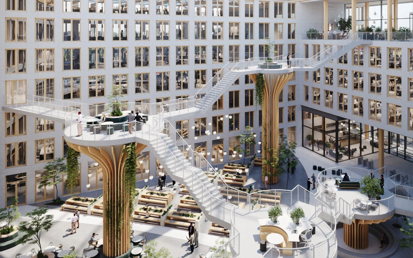 Eine Besonderheit des Bauensembles sind die außergewöhnlichen Terrassen- und Treppenkonstruktionen im Atrium, genannt „Trees“. Eine Besonderheit des Bauensembles sind die außergewöhnlichen Terrassen- und Treppenkonstruktionen im Atrium, genannt „Trees“.