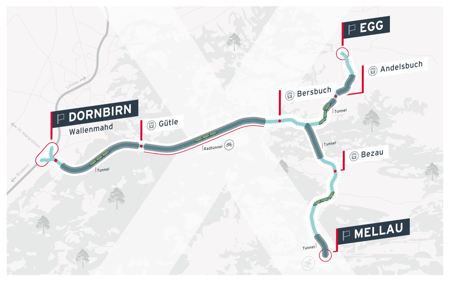 Mit dem „Wälderexpress“ schrumpft die Fahrtzeit von Dornbirn auf weniger als 30 Minuten. Und umwelt- und ressourcenschonender wird’s auch.
Quelle: Rhomberg Gruppe
