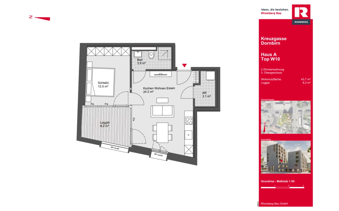Top W10: Die 2-Zimmerwohnung im 3. Obergeschoss verfügt über 43,7 m² Wohnnutzfläche und eine 8,2 m² große Loggia. Der Grundriss umfasst einen offenen Koch-, Wohn- und Essbereich, ein Schlafzimmer, ein Bad und einen praktischen Abstellraum.