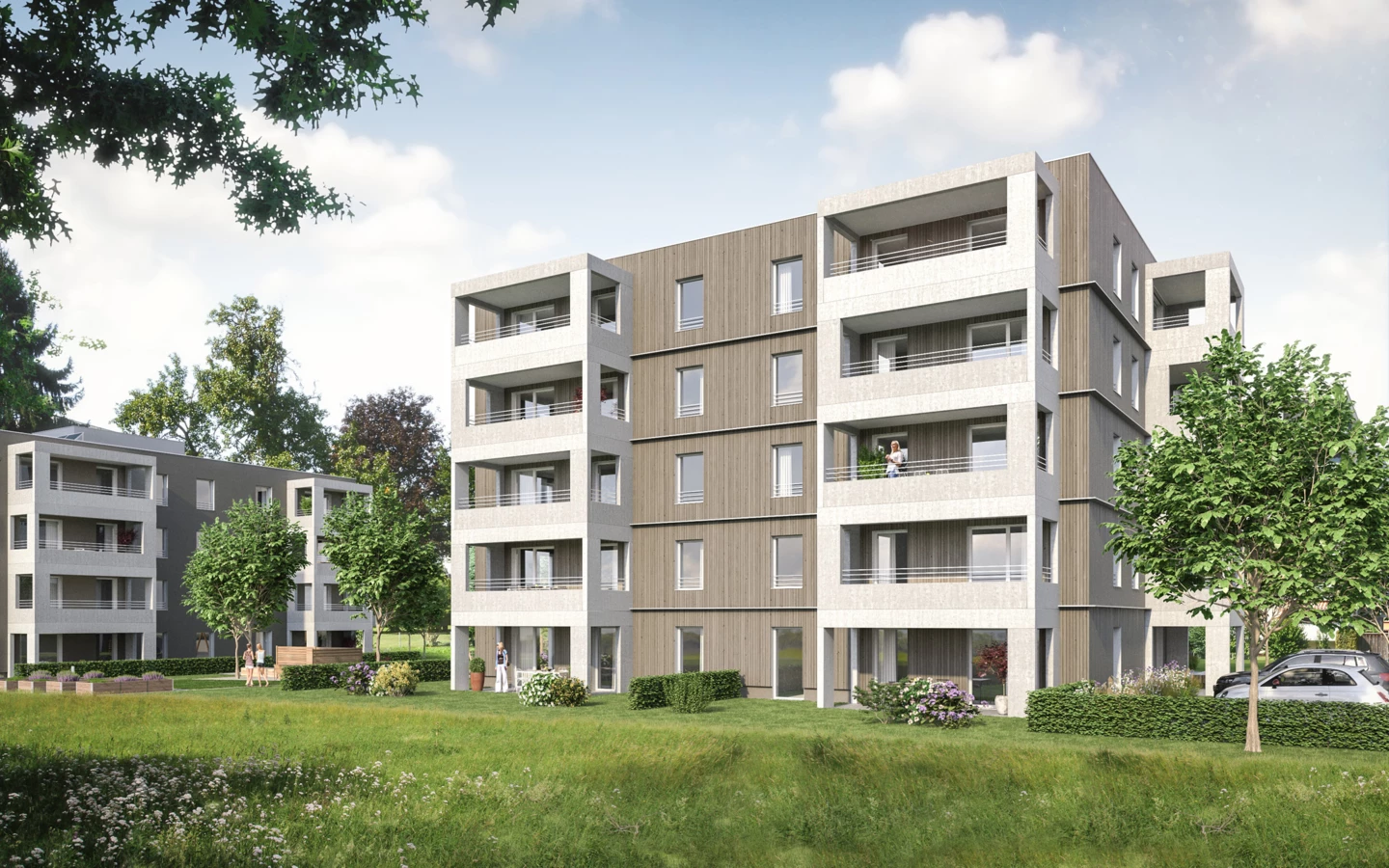 Visualisierung des visionären Projekts von Rhomberg Bau und Wohnbauselbsthilfe in Wolfurt: In der Lerchenstraße entstehen zwei weitgehend identische Wohnhäuser - eines in Massivbauweise, eines komplett in Holz.