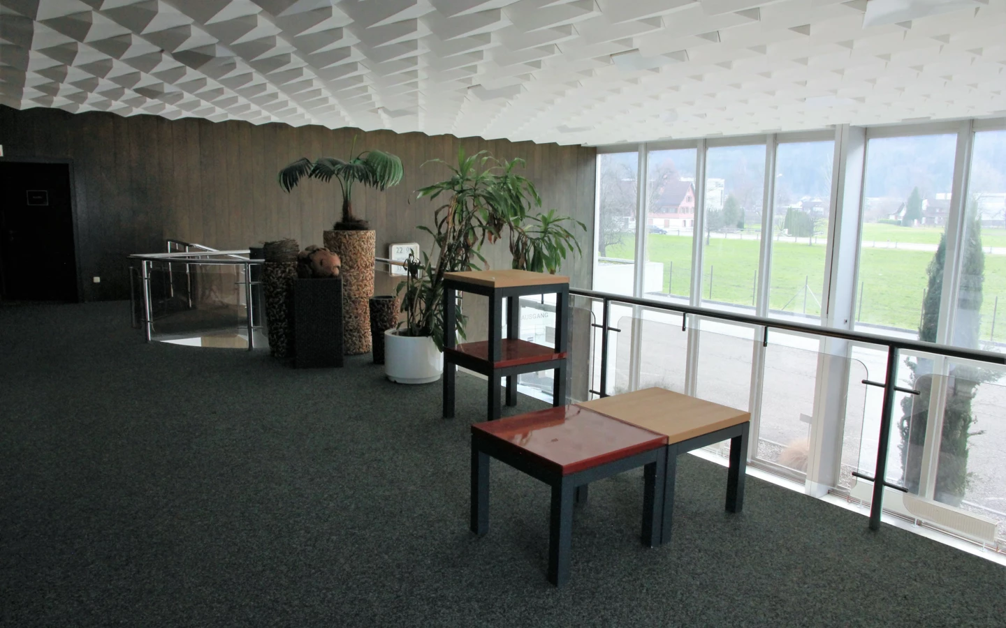 Büroinnenraum mit grauem Teppich, einer Wand aus Holzpaneelen, Pflanzen und Tischen vor Fenstern mit Blick auf eine grüne Wiese (Froschweg, Hockern, Geländer).