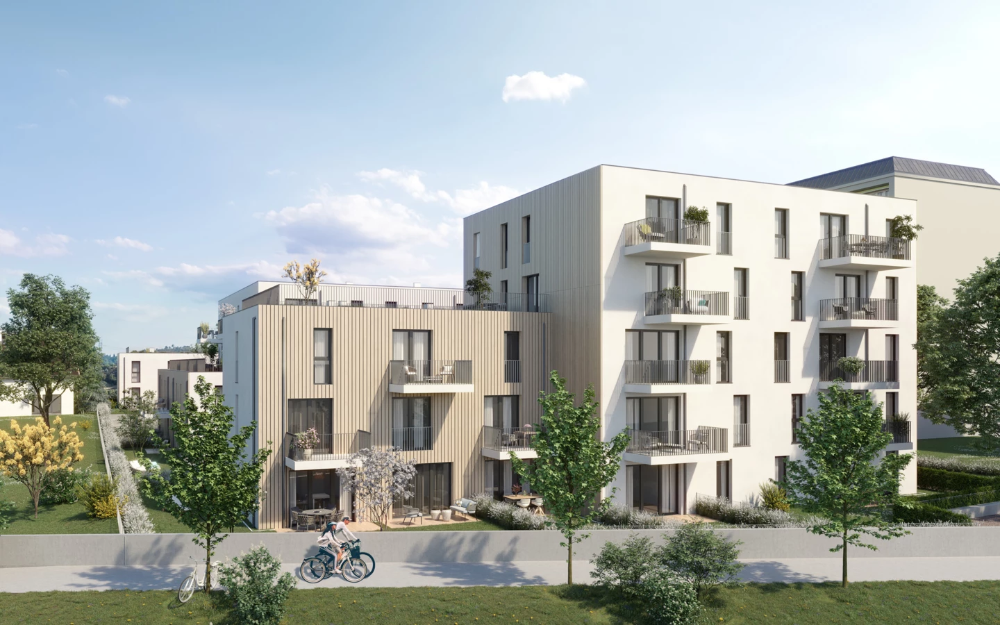 Architektonischer "Hingucker": Der Wechsel aus Wärmeschutz- und hinterlüfteter Holzfassade sorgt für Abwechslung und ein natürliches Wohnklima.
