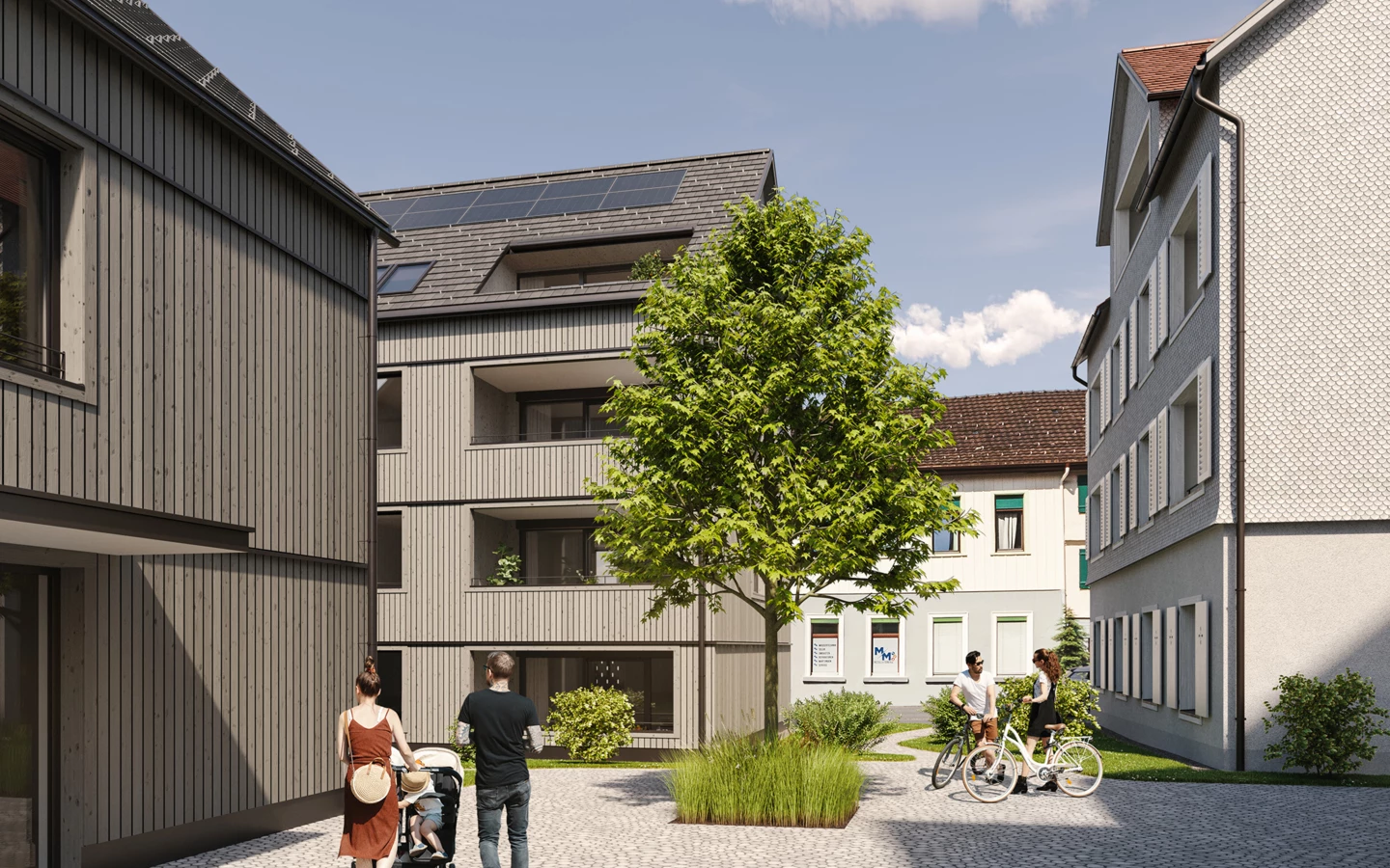 Das neue Kohler-Quartier an der Hofsteigstraße in Schwarzach greift den traditionellen Baustil auf, wertet ihn mit modernem Bezug auf und schafft so Raum für insgesamt 14 Mietparteien. Bildnachweis: Hof 437 Das neue Kohler-Quartier an der Hofsteigstraße in Schwarzach greift den traditionellen Baustil auf, wertet ihn mit modernem Bezug auf und schafft so Raum für insgesamt 14 Mietparteien. Bildnachweis: Hof 437