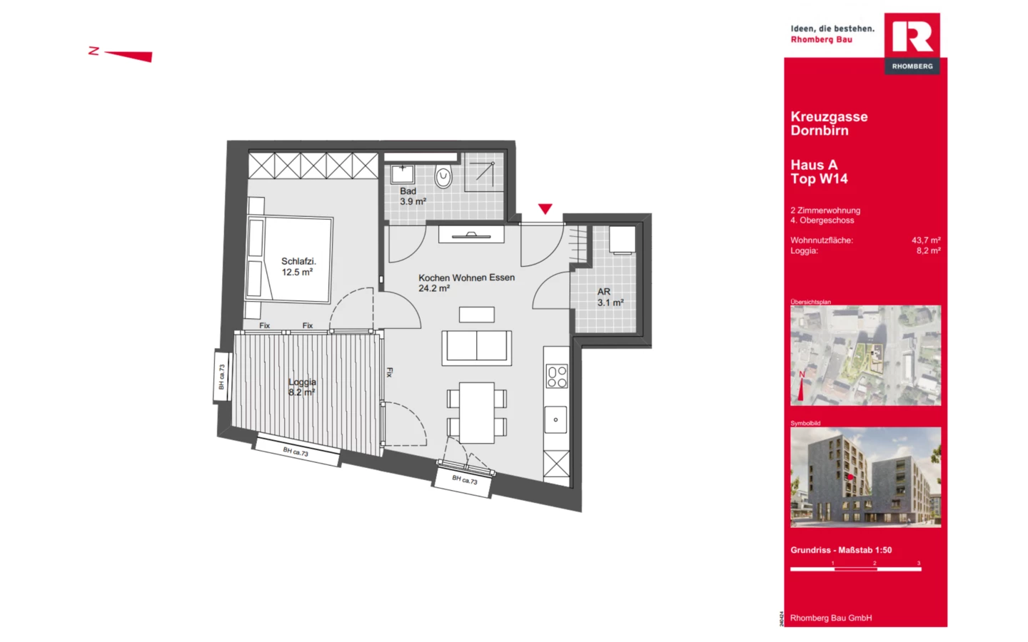 Top W14 liegt im 4. Obergeschoss und bietet ebenfalls 43,7 m² Wohnnutzfläche sowie eine 8,2 m² große Loggia. Die Wohnung ist räumlich analog zu Top W10 aufgebaut.