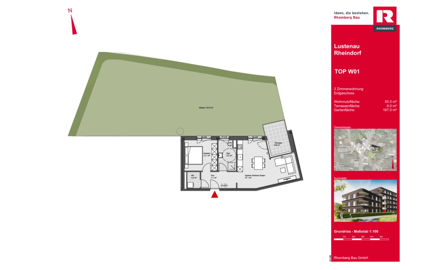 Top W01: Die 2-Zimmerwohnung im Erdgeschoss verfügt über 55,0 m² Wohnnutzfläche, eine 8,0 m² große Terrasse und einen 167,0 m² großen Garten. Der Grundriss bietet einen offenen Koch-, Wohn- und Essbereich, ein Schlafzimmer, ein Bad, einen Abstellraum und einen Flur.