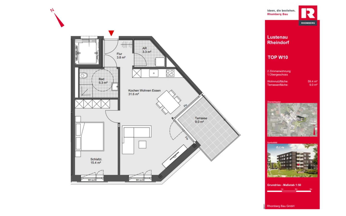 Top W10: Die 2-Zimmerwohnung im 1. Obergeschoss verfügt über 59,4 m² Wohnnutzfläche und eine 9,0 m² große Terrasse. Der offene Koch-, Wohn- und Essbereich umfasst laut Grundriss 31,6 m², das Schlafzimmer 15,4 m².