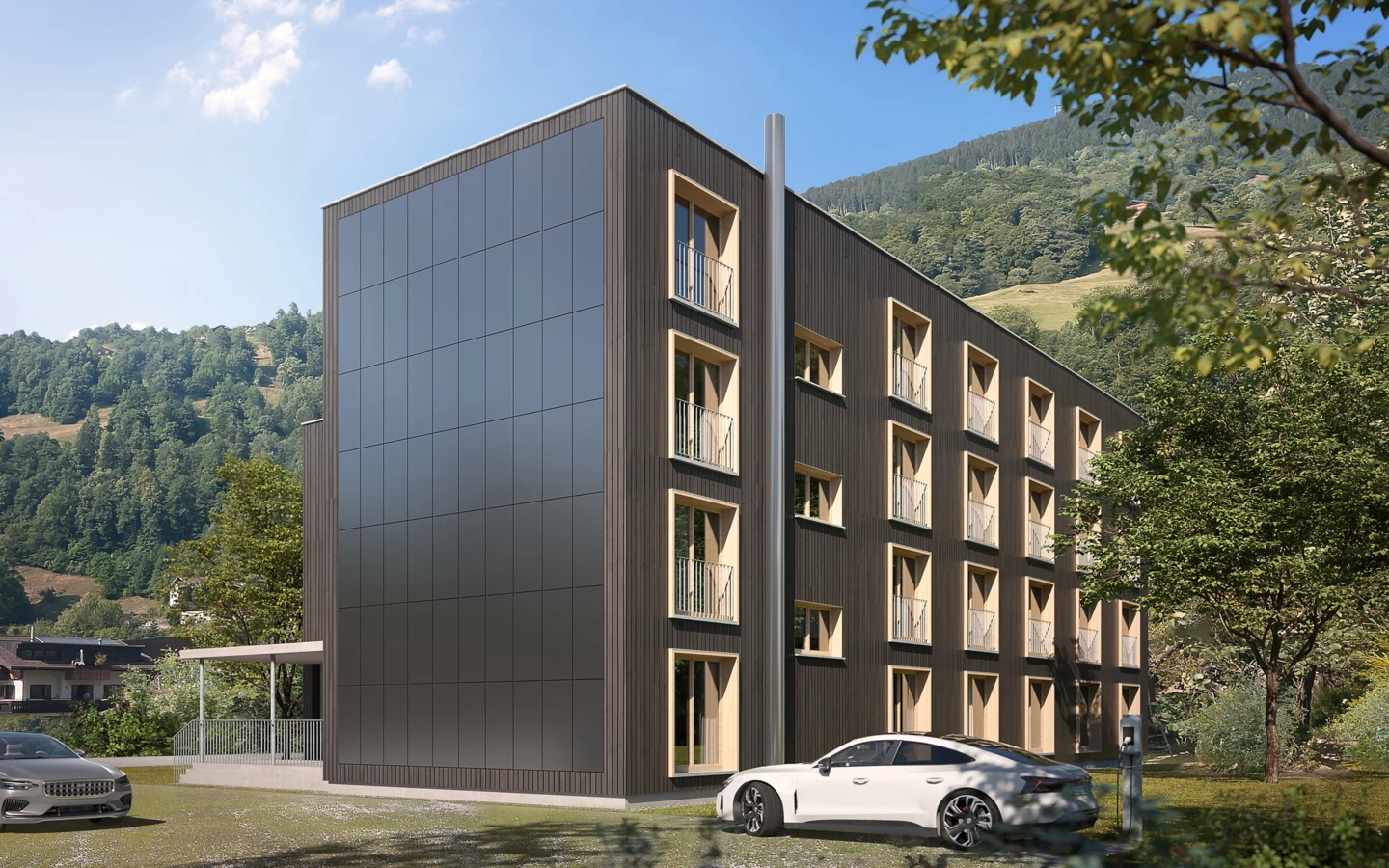 So wird die Energieversorgung später aussehen: Visualisierung der Architektur-PV am Mitarbeiterwohnhaus der Silvretta Montafon.