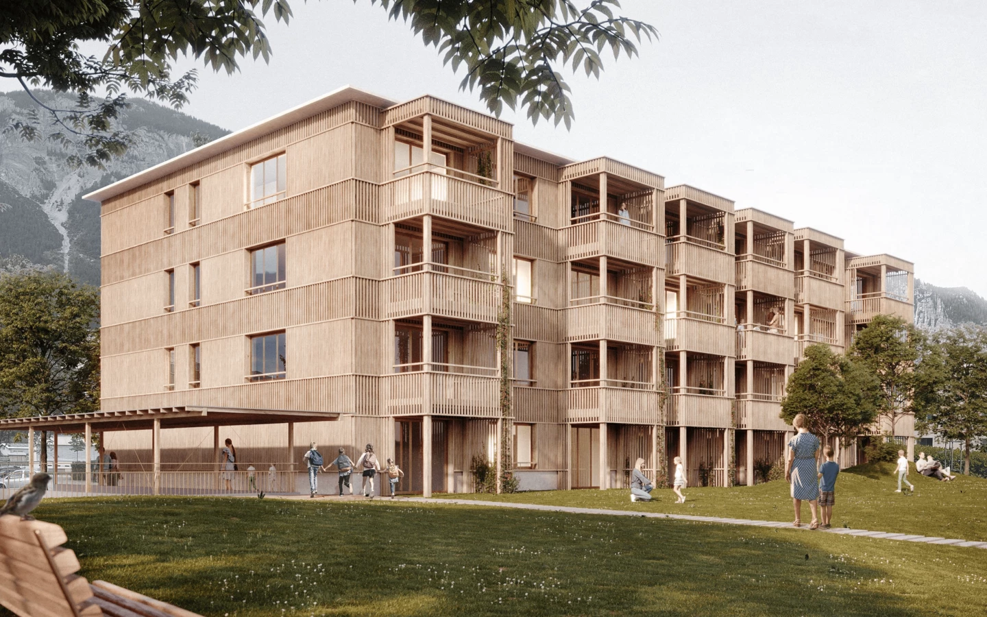 Visualisierung des fertigen Mehrfamilienhauses im Elementholzbau in Domat/Ems mit moderner Holzarchitektur