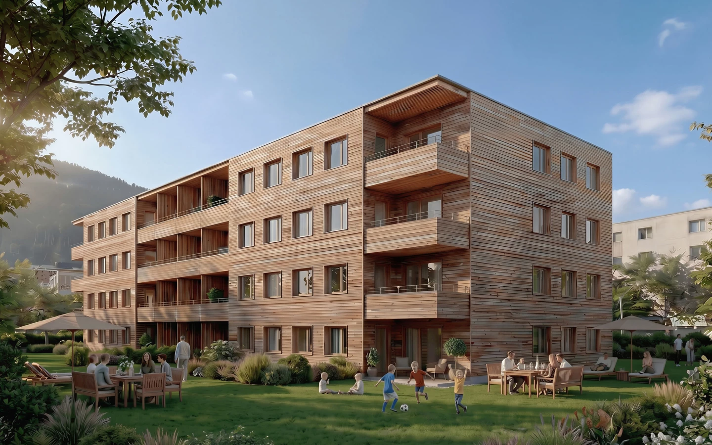 BWS-Gruppe realisiert erstmals in Vorarlberg einen Neubau mit Rhomberg Bau – drei Baukörper in Holz-Hybridbauweise schaffen leistbaren Wohnraum. Bildquelle: Rhomberg Bau. Bild 2 mit Hilfe von KI generiert.