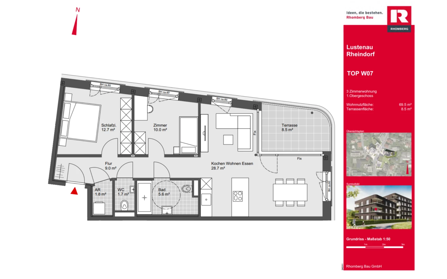 Top W07 befindet sich im 1. Obergeschoss und bietet 69,5 m² Wohnnutzfläche sowie eine 8,5 m² große Terrasse. Die Wohnung umfasst neben dem offenen Koch-, Wohn- und Essbereich ein Schlafzimmer, ein weiteres Zimmer, Bad, separates WC und Abstellraum.