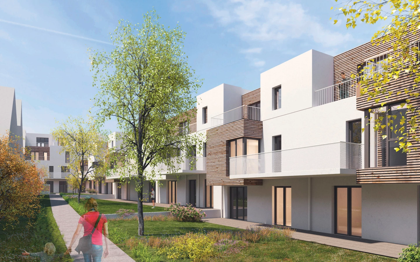 Natur in der Stadt – realisiert durch Grünflächen und den Einsatz von Holz. Natur in der Stadt – realisiert durch Grünflächen und den Einsatz von Holz.