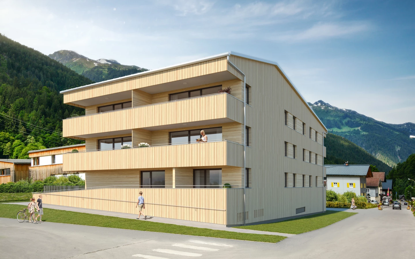 Clevere Lösung für optimale Flächennutzung: Visualisierung der neuen Wohnanlage von Wohnbauselbsthilfe und Rhomberg Bau in Partenen. Clevere Lösung für optimale Flächennutzung: Visualisierung der neuen Wohnanlage von Wohnbauselbsthilfe und Rhomberg Bau in Partenen.
