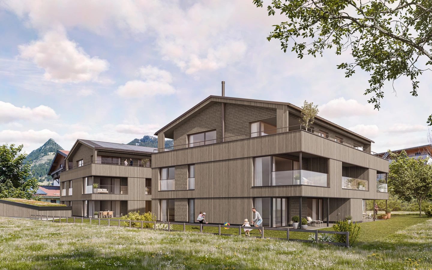 Am Fuß des Grünten entsteht eine hochwertiges Wohnensemble, bei dem die Rhomberg Sohm GmbH als Entwicklerin und Generalunternehmen Allgäuer Holzbaukunst mit moderner Architektur verbindet. Foto: Rhomberg Sohm