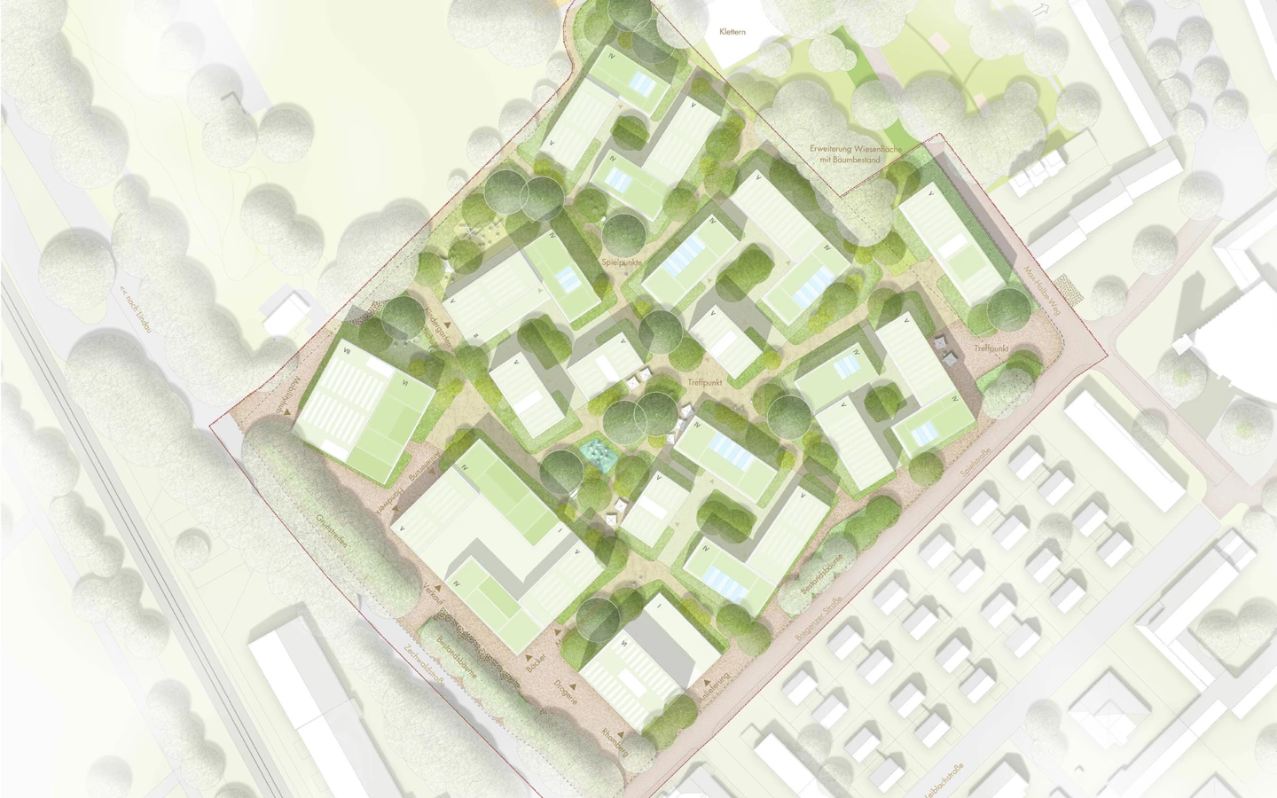 Draufsicht: Drei Flachdachgebäude entlang der Bregenzer Straße und fünf hofartige gestaltete Gebäudeblöcke sollen das zukünftige Zechwald-Areal bilden. Foto: Rhomberg Bau