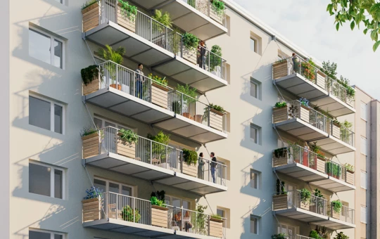 Premiere: Für die Sozialbau AG rüstet Rhomberg Bau die Karmarschgasse im 10. Bezirk mit den ersten „essbaren Balkonen“ Wiens nach. Bild: joyjoy
