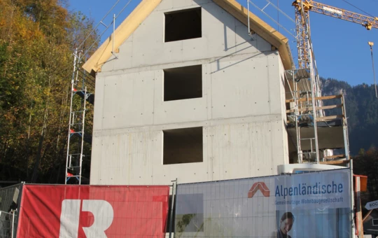 Am Ziel: Beim gemeinsamen Wohnbauprojekt von Alpenländischer Heimstätte und Rhomberg Bau in der Burgstraße, Hohenems, steht der Firstbaum.