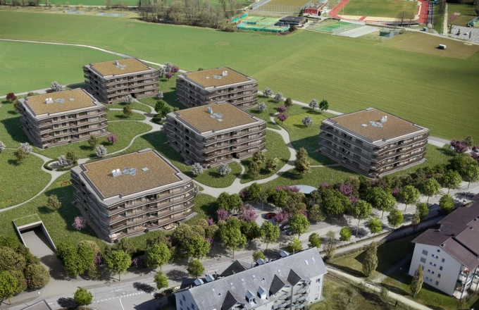 Die neue Wohnüberbauung "Neumatt Park" in Stein, Kanton St. Gallen. (Bildnachweis: Fortimo Invest, St. Gallen)