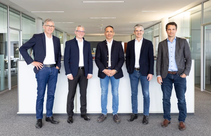 Leiten zukünftig die Geschicke der Rhomberg Bau Holding und freuen sich auf Verstärkung (v. l. n. r.): Martin Summer, Matthias Moosbrugger, Hubert Rhomberg, Ernst Thurnher und Tobias Vonach. 