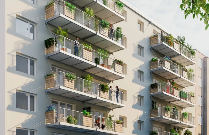 Premiere: Für die Sozialbau AG rüstet Rhomberg Bau die Karmarschgasse im 10. Bezirk mit den ersten „essbaren Balkonen“ Wiens nach. Bild: joyjoy