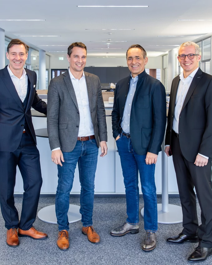 Die neue Geschäftsführung der Rhomberg Bau Holding mit Christoph Lienhart, Tobias Vonach, Hubert Rhomberg und Matthias Moosbrugger. Bild: Rhomberg Bau