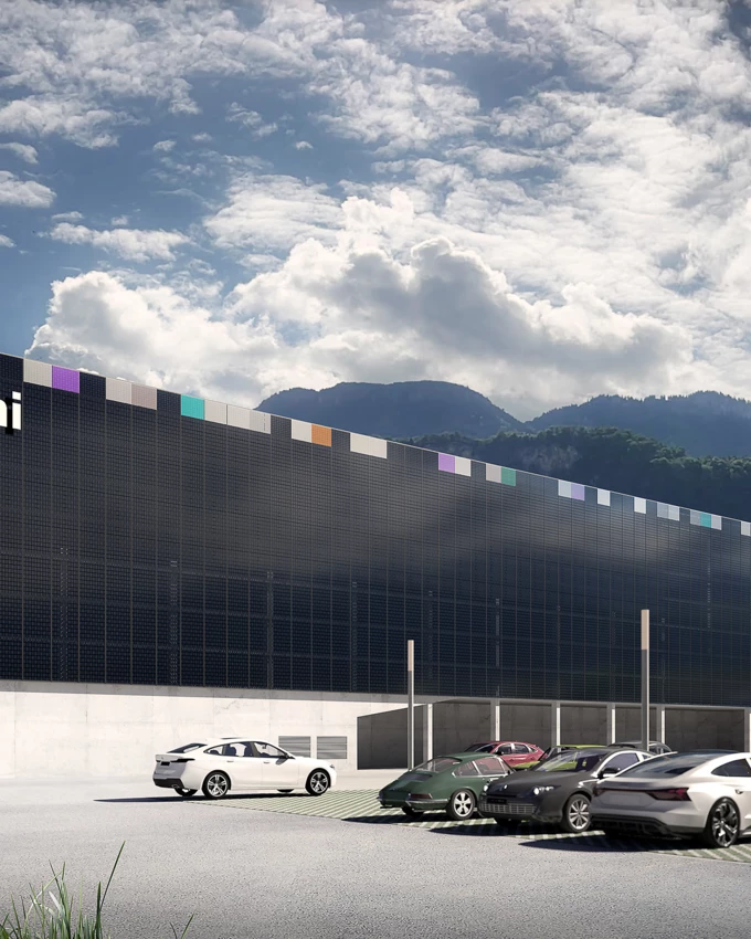 Effizient, wirtschaftlich, sicher: Visualisierung der Fassaden-PV am neuen Collini-Produktionsgebäude in Hohenems. Bildnachweis: Rhomberg Bau