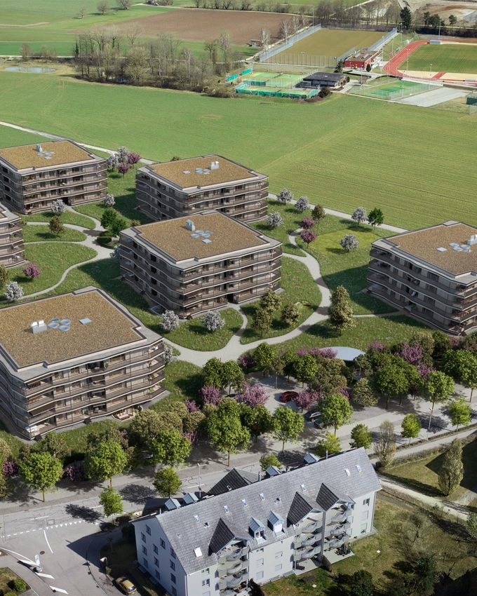 Die neue Wohnüberbauung "Neumatt Park" in Stein, Kanton St. Gallen. (Bildnachweis: Fortimo Invest, St. Gallen)