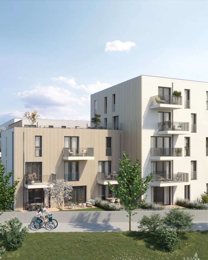Architektonischer "Hingucker": Der Wechsel aus Wärmeschutz- und hinterlüfteter Holzfassade sorgt für Abwechslung und ein natürliches Wohnklima.