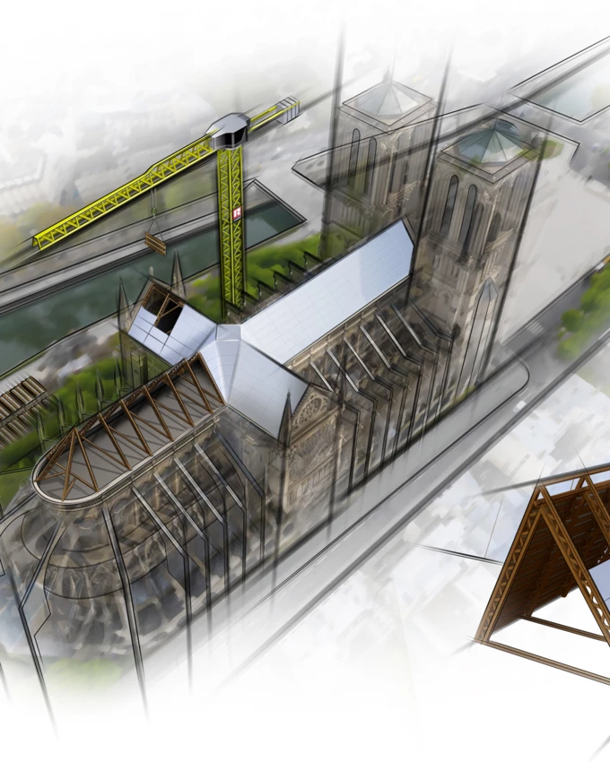 Gut bedacht: Mit vorgefertigten Fachwerk- und Holz-Rippenelementen kann Rhomberg Bau die Kathedrale Notre-Dame de Paris innert kürzester Zeit mit einem neuen Dach ausstatten. (Quelle: Dominic Schindler Creations/Rhomberg Bau, Abdruck honorarfrei)