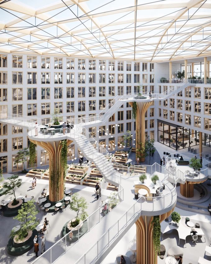 Modernes Atrium des EDGE Suedkreuz in Berlin, mit geschwungenen Treppen, Holz-Säulen und Büros (Bauleiter).