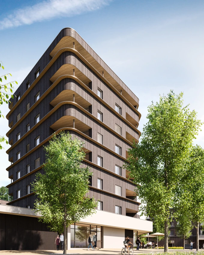 Hoch hinaus mit Holz: Für Bauherr Raiba errichtet Rhomberg Bau im Lustenauer Rheindorf auf acht Stockwerken „erstmals einen Holzbau dieser Größe unter wirtschaftlichen Bedingungen“.