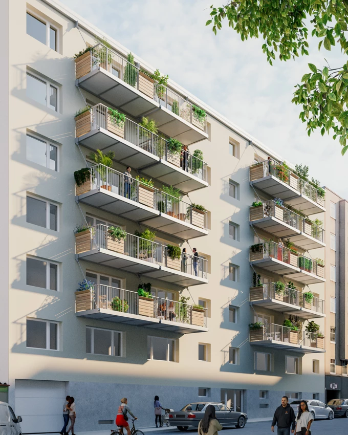 Premiere: Für die Sozialbau AG rüstet Rhomberg Bau die Karmarschgasse im 10. Bezirk mit den ersten „essbaren Balkonen“ Wiens nach. Bild: joyjoy