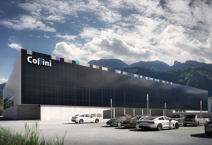Effizient, wirtschaftlich, sicher: Visualisierung der Fassaden-PV am neuen Collini-Produktionsgebäude in Hohenems. Bildnachweis: Rhomberg Bau