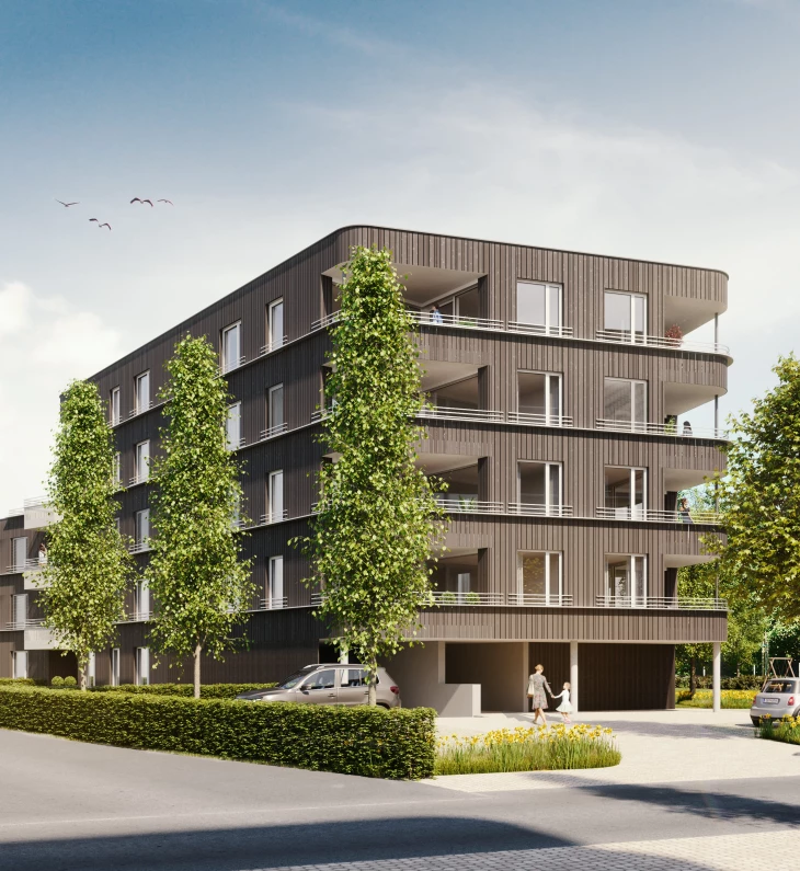 Visualisierung einer modernen Wohnanlage in Rheindorf, Lustenau, mit mehrgeschossigen Gebäuden, großzügigen Balkonen und begrünten Außenräumen. Die klare Architektur, die baumbestandenen Wege und der verkehrsberuhigte Zugang schaffen ein nachhaltiges, lebenswertes Wohnumfeld.