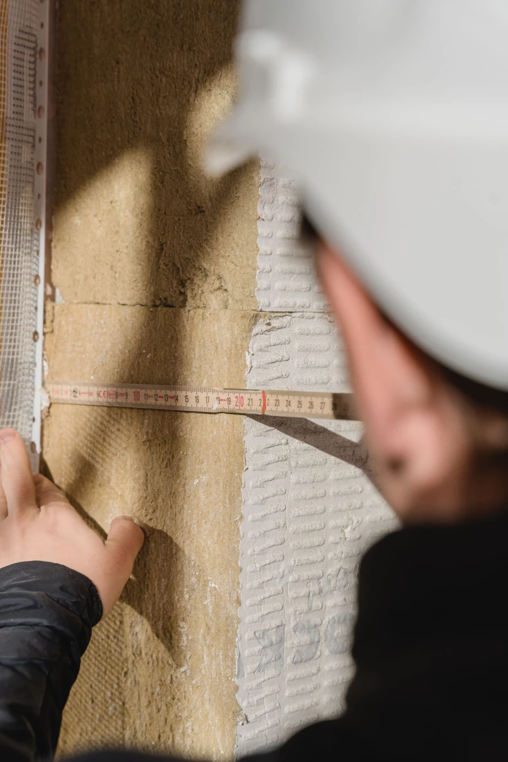 Eine Person in einem weißen Schutzhelm misst Dämmplatten an einer Wand mit einem Zollstock (Sanierung, Vorarlberg).