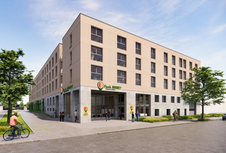 Symbolbild: Aufstockung eines Lebensmittelmarktes mit studentischem Wohnen Symbolbild: Aufstockung eines Lebensmittelmarktes mit studentischem Wohnen