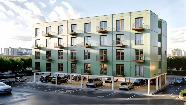 Tiny_Studentenwohnheim – Visualisierung, aufgeständert über Parkplatz einer Hochschule