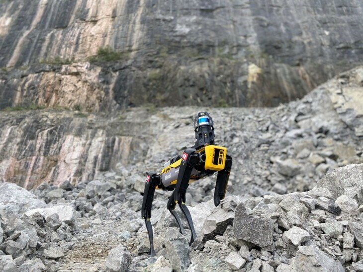 Bild vom Roboter Spot auf Steinhaufen Bild vom Roboter Spot auf Steinhaufen