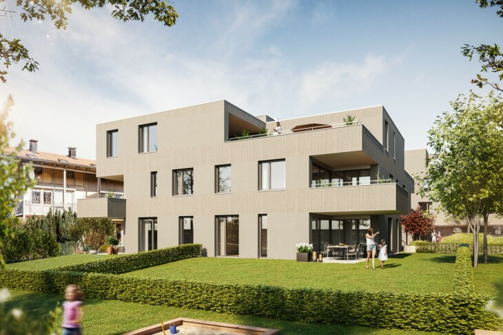 Wuhrbaumweg Aussenansicht mit Kind und Garten Wuhrbaumweg Aussenansicht mit Kind und Garten