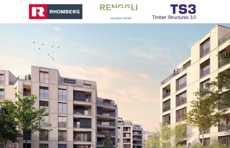 Fassade aus hellem Holz von modernen Wohngebäuden umgeben von viel Grün und Menschen, darüber Logos von Rhomberg, Renggli und TS3 (Uster, Eventreihe, Exklusive, Besichtigung).