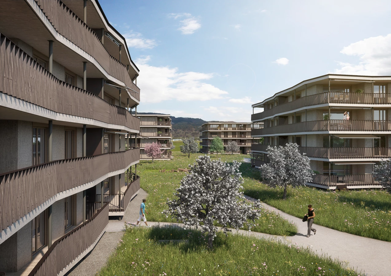 Die neue Wohnüberbauung "Neumatt Park" in Stein, Kanton St. Gallen. (Bildnachweis: Fortimo Invest, St. Gallen)
