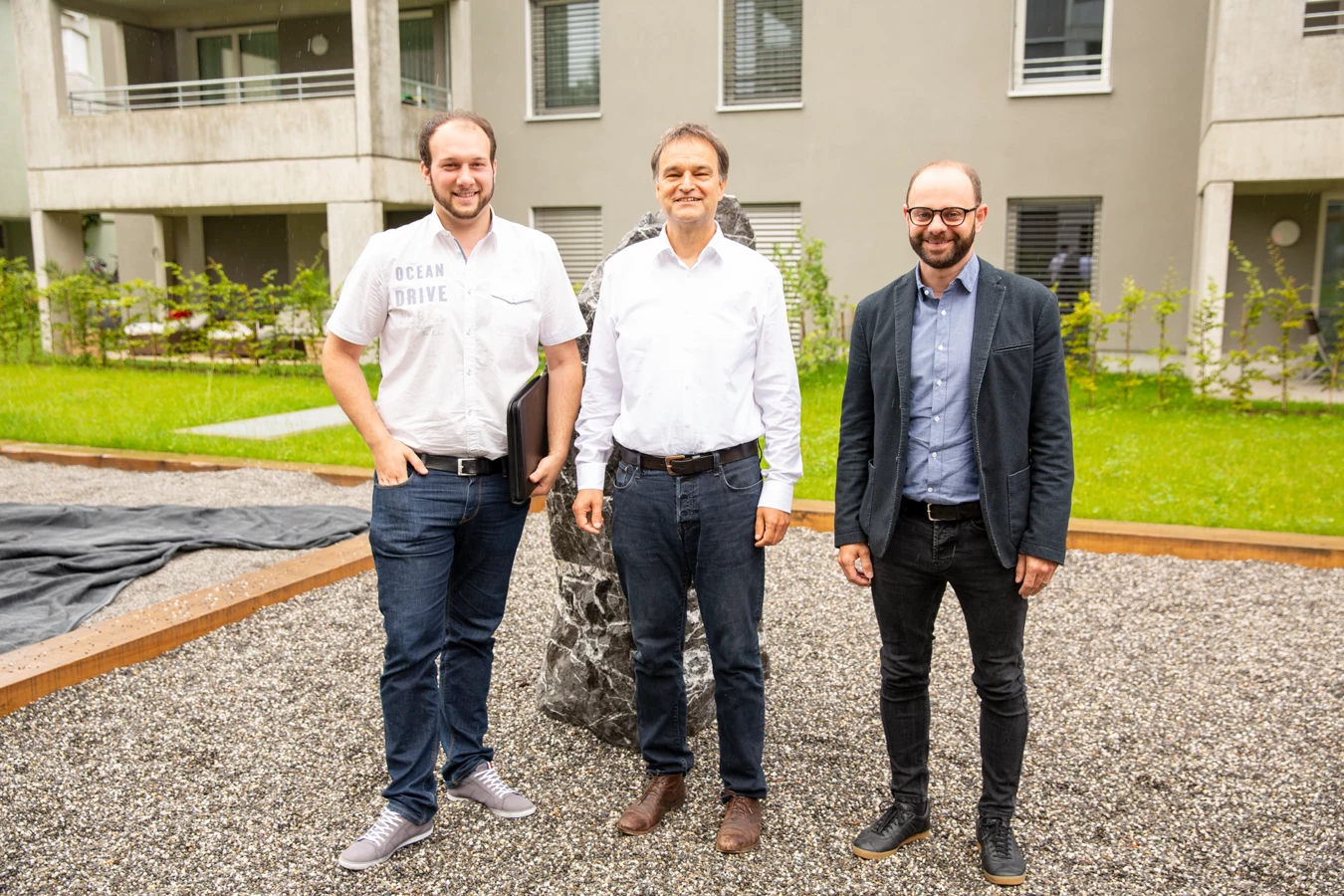 v. l. n. r.: Alexander Hilbe, Rhomberg Bau, Martin Ploß, Energieinstitut Vorarlberg, Jürgen Loacker, Wohnbauselbsthilfe. 